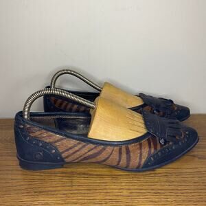 Born Womens Leather & Pony Hair Animal Print Pointy Toe Kiltie Loafers Size 8
